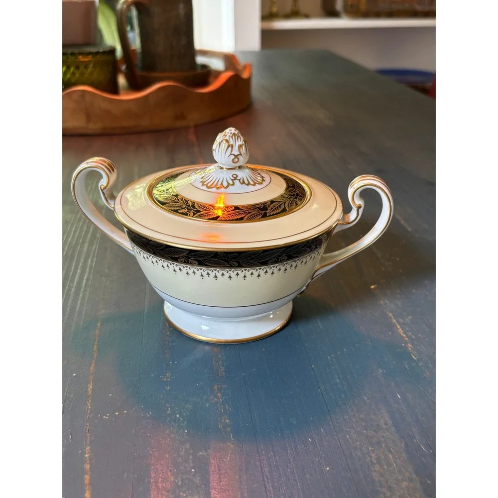 Noritake China Sugar Bowl with Lid Black Gold Encrusted Laurel Japan Cream White